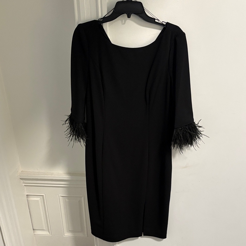 Adrianna Papell Black Long Sleeve Cocktail Dress with Feather Cuffs